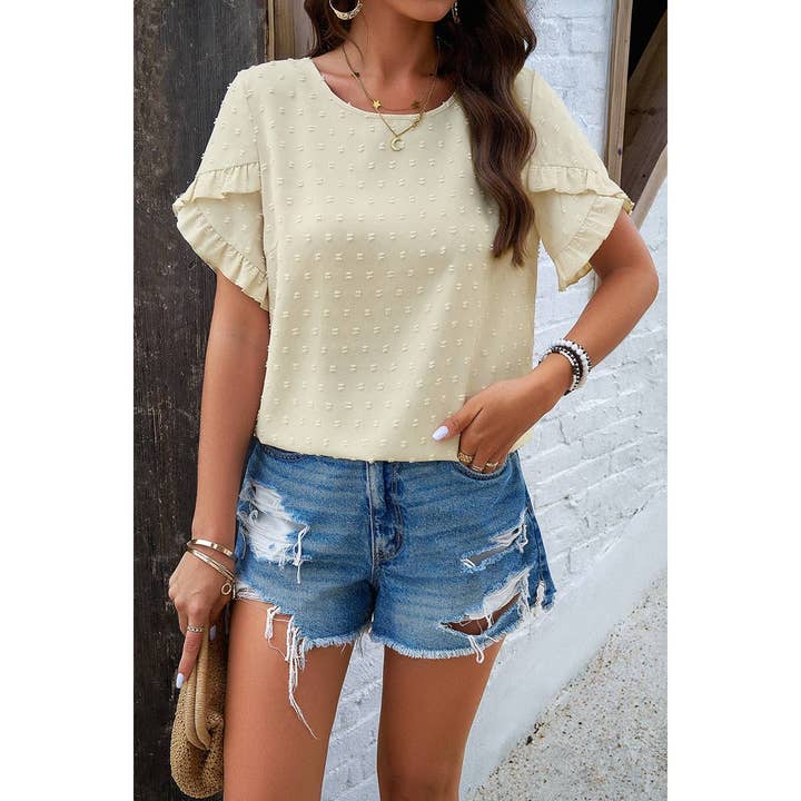 Crewneck Chiffon Polka Dot Ruffle Short Sleeved Top for wholesale by Elings