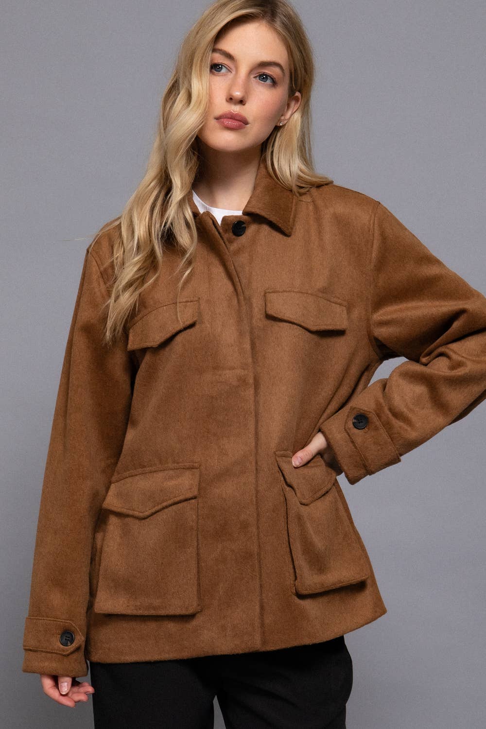 Active Basic | Active USA - Vente Manteau – femme - Manteau en feutre doux à manches longues avec boutons dissimulés à l'avant et rabat22