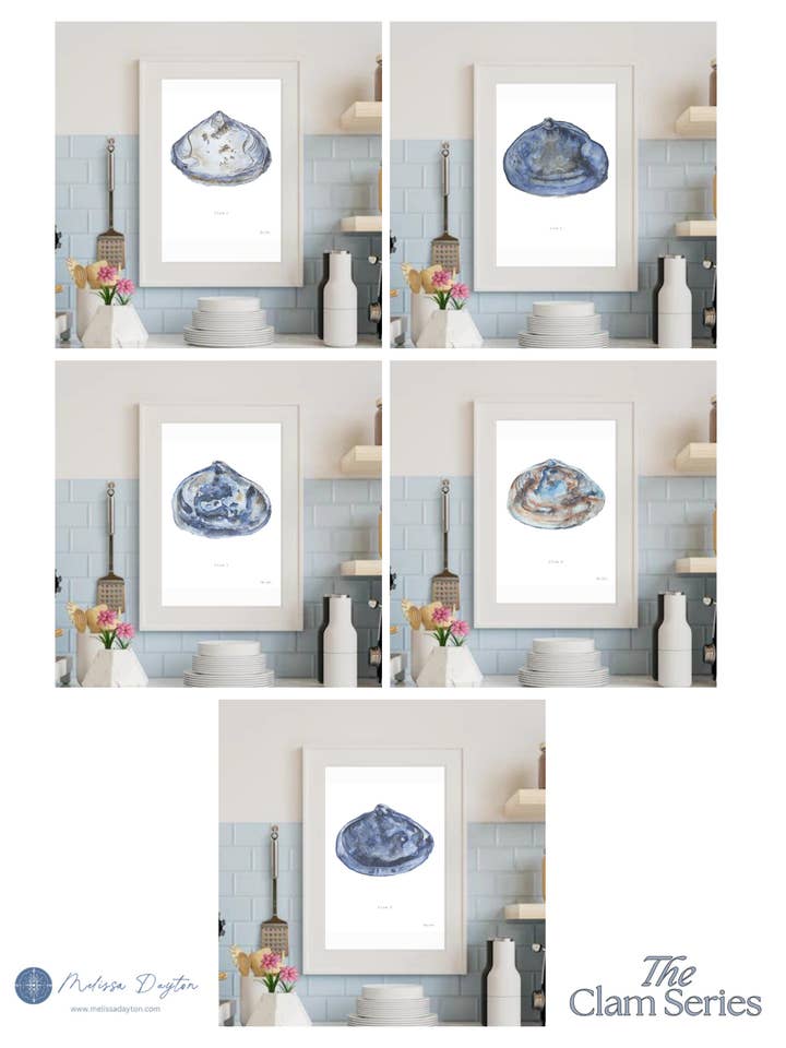Clam Kunstdruck-Set, 5-gerahmt für den Großhandel von Melissa Dayton Art and Design