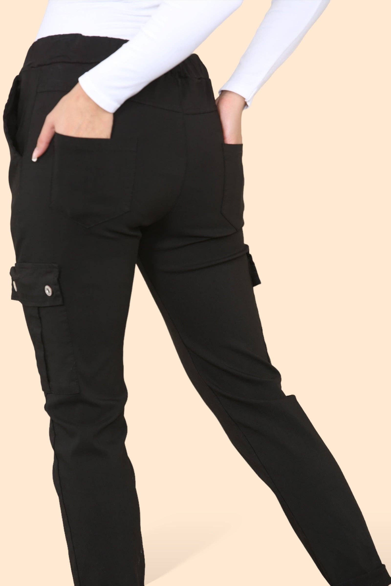 Kurt Muller – wholesale Pants – Women's – Plain Cargo Stud Pocket Bi-Stretch Magic Trousers2