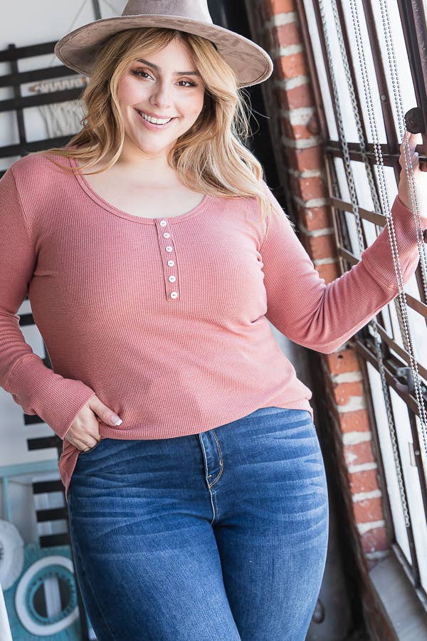 7th Ray - Wholesale Knit Top - Women's - [PLUS SIZE] Thermal Button Front Scoop Neck Top T4316XL19