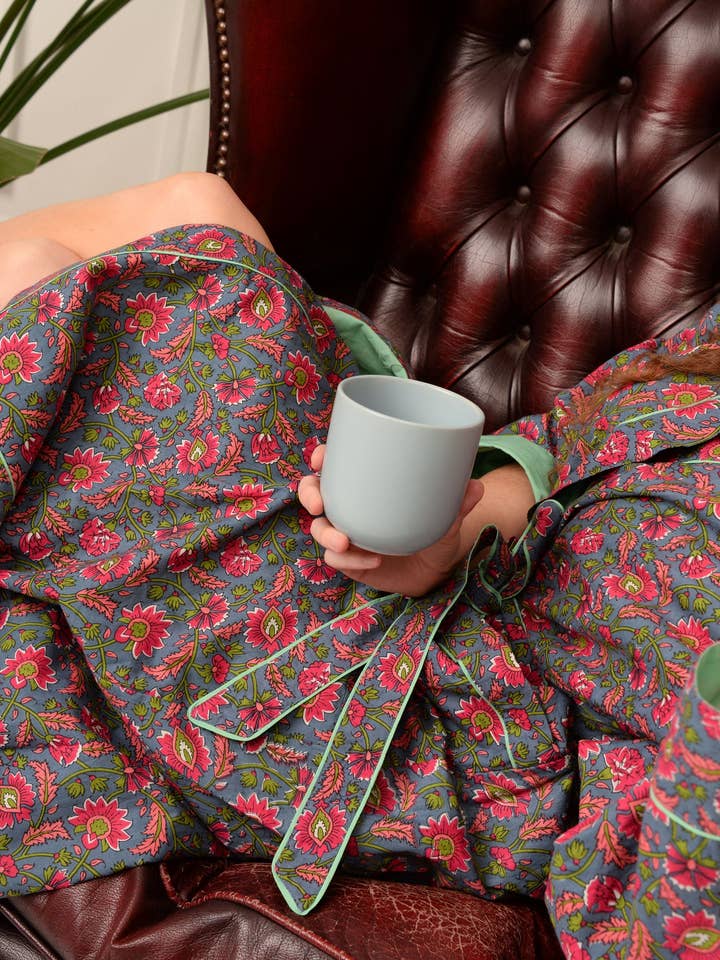 My Doris - Wholesale Robe - Women's - BLUE AND PINK FLORAL DRESSING GOWN ROBE