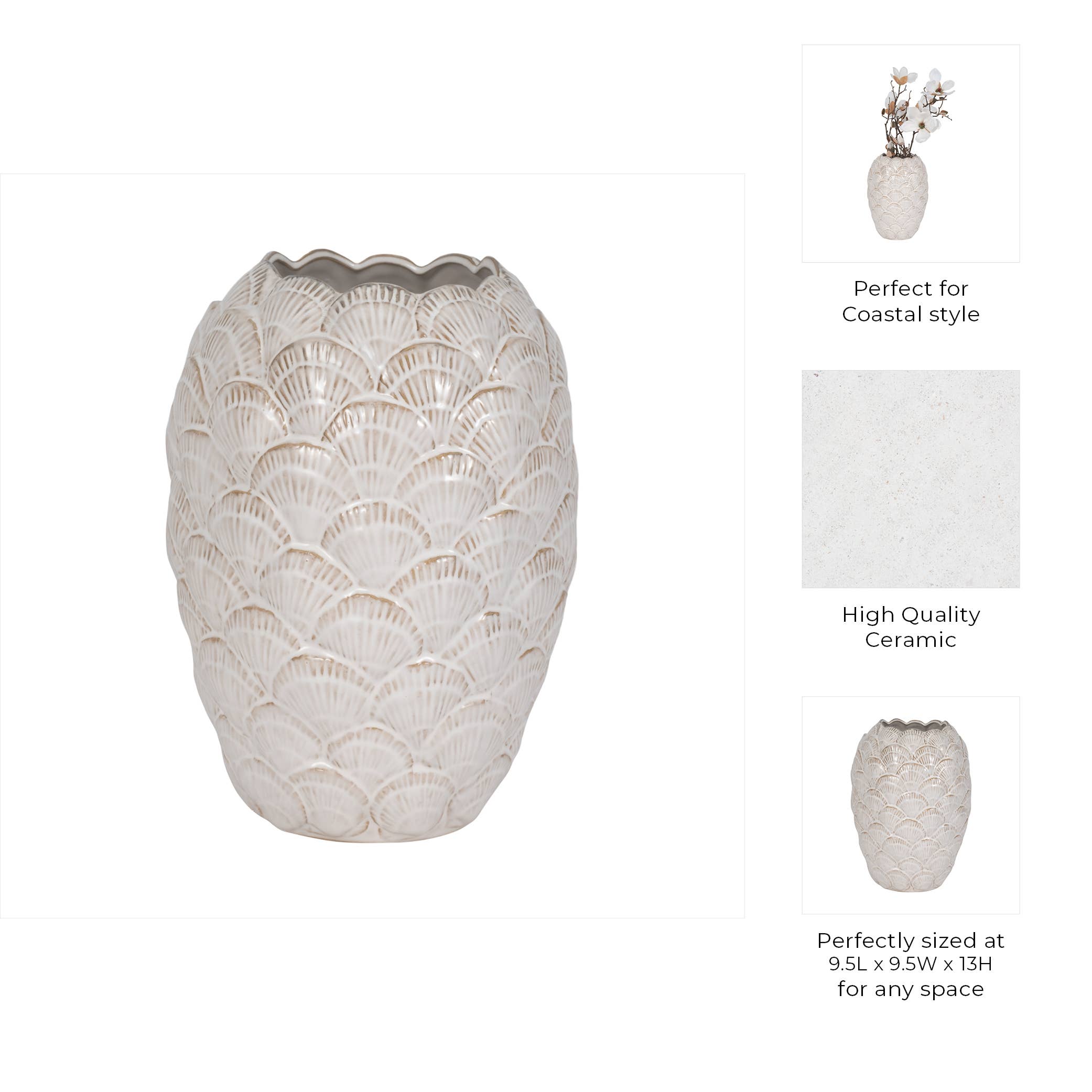 Sagebrook Home - Wholesale Vase - White 13 in. Ceramic Bud Coastal Seashells Pattern Vase3