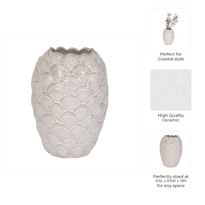 Sagebrook Home - Wholesale Vase - White 13 in. Ceramic Bud Coastal Seashells Pattern Vase3