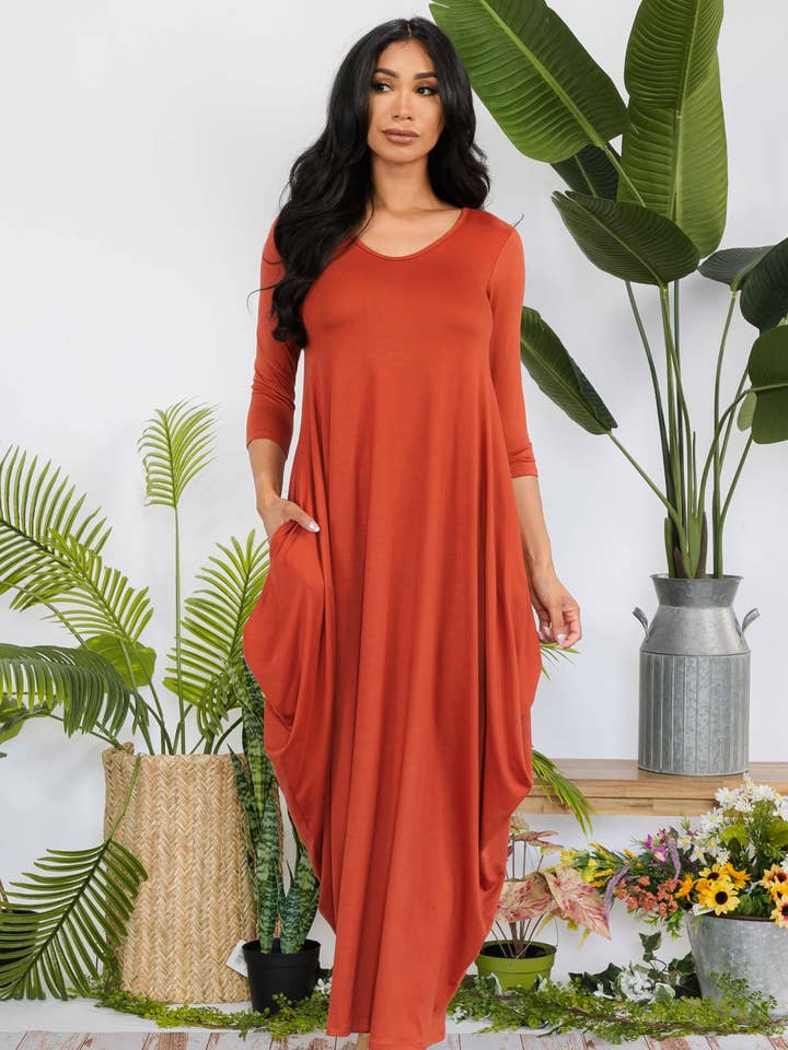 H&H Fashion Inc. - Wholesale Dress - Women's - HH645R-SOLID - 3/4 Sleeve Maxi Dress8
