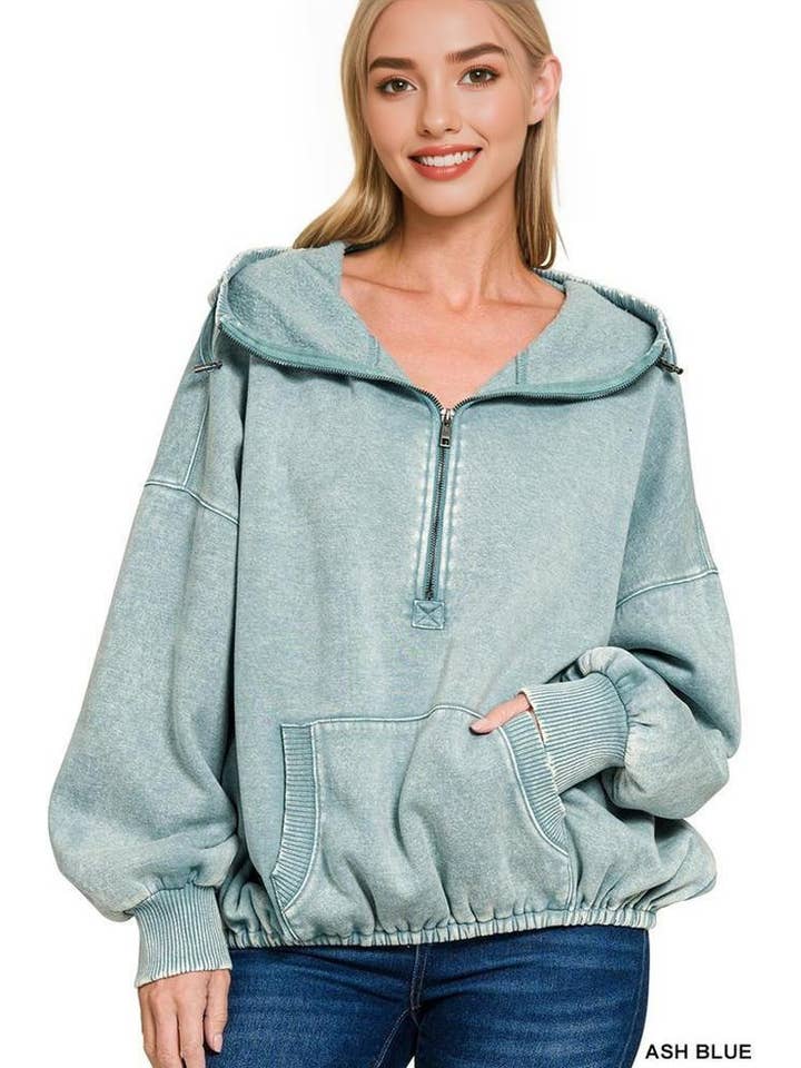 42POPS - Wholesale Hoodie – Women's - 1028 Washed Drawstring Hem Half Zip Kangaroo Hoodie SI-261356