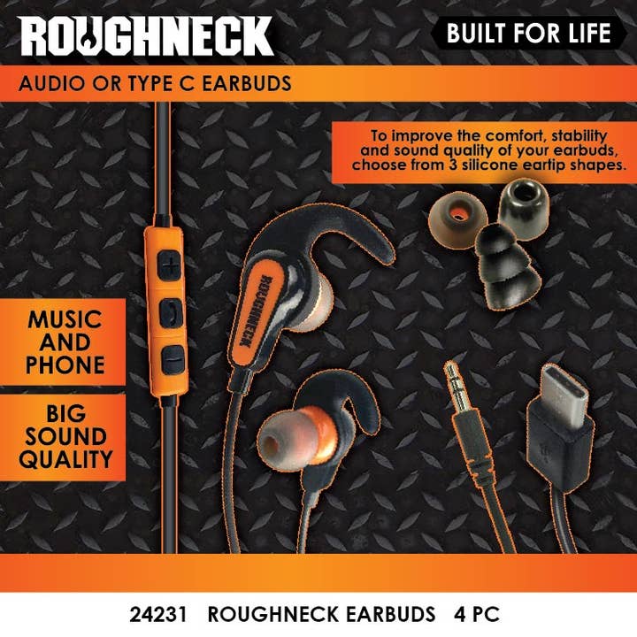 Wired Earbuds with Tip Adapters Roughneck Boxed- 4/Pack for wholesale by Novelty Closeout