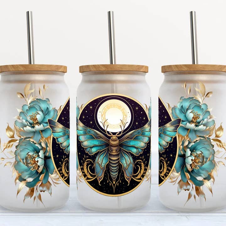 Moth with Blue Florals 16oz Libbey Glass Frosted Tumbler for wholesale by Kate Haven Glass Tumblers for Every Occasion