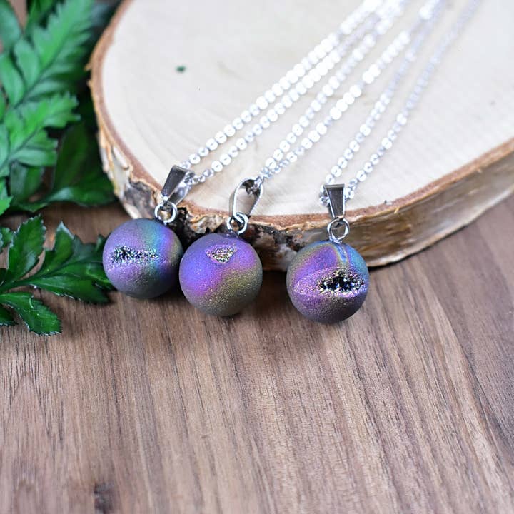 Ewelina Pas Jewelry - Wholesale Pendant/Charm Necklace - Silver Rainbow Titanium Geode Orb Necklace
