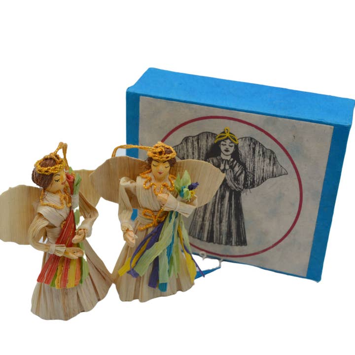 Didi Bahini Fair Trade - Wholesale Ornament Set - Pair of Corn Husk Angel with Flowers1