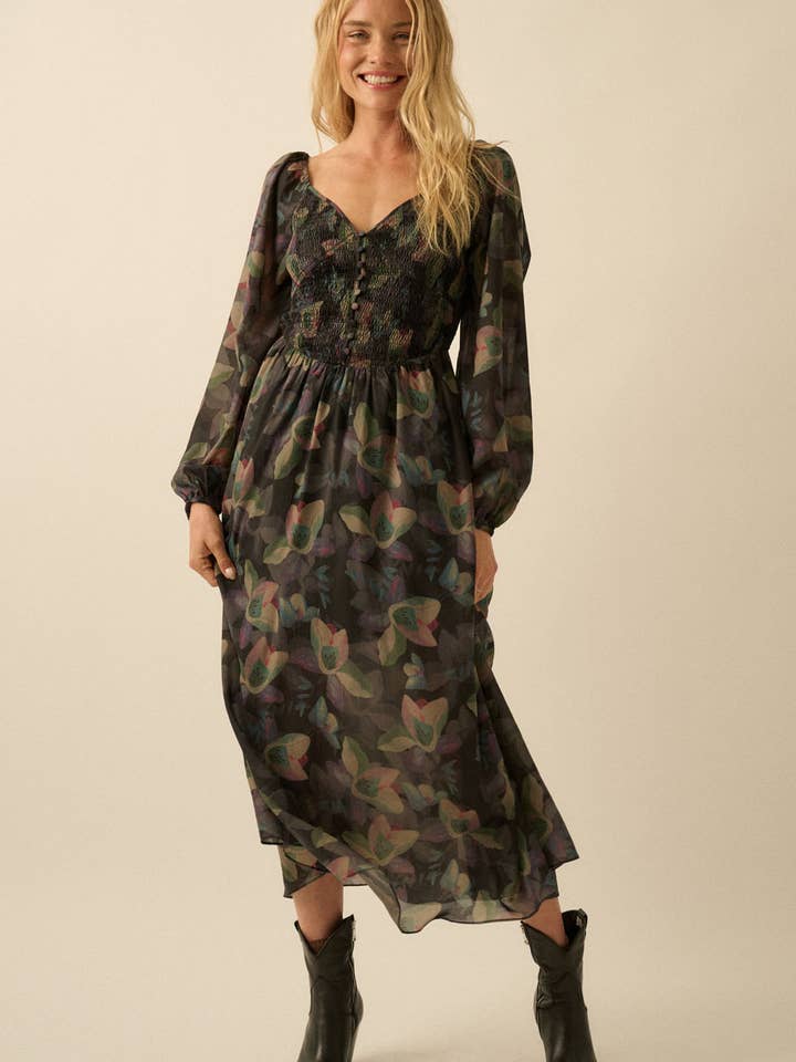 Floral Smocked Sweetheart Bubble-Sleeve Midi Dress for wholesale by Promesa USA