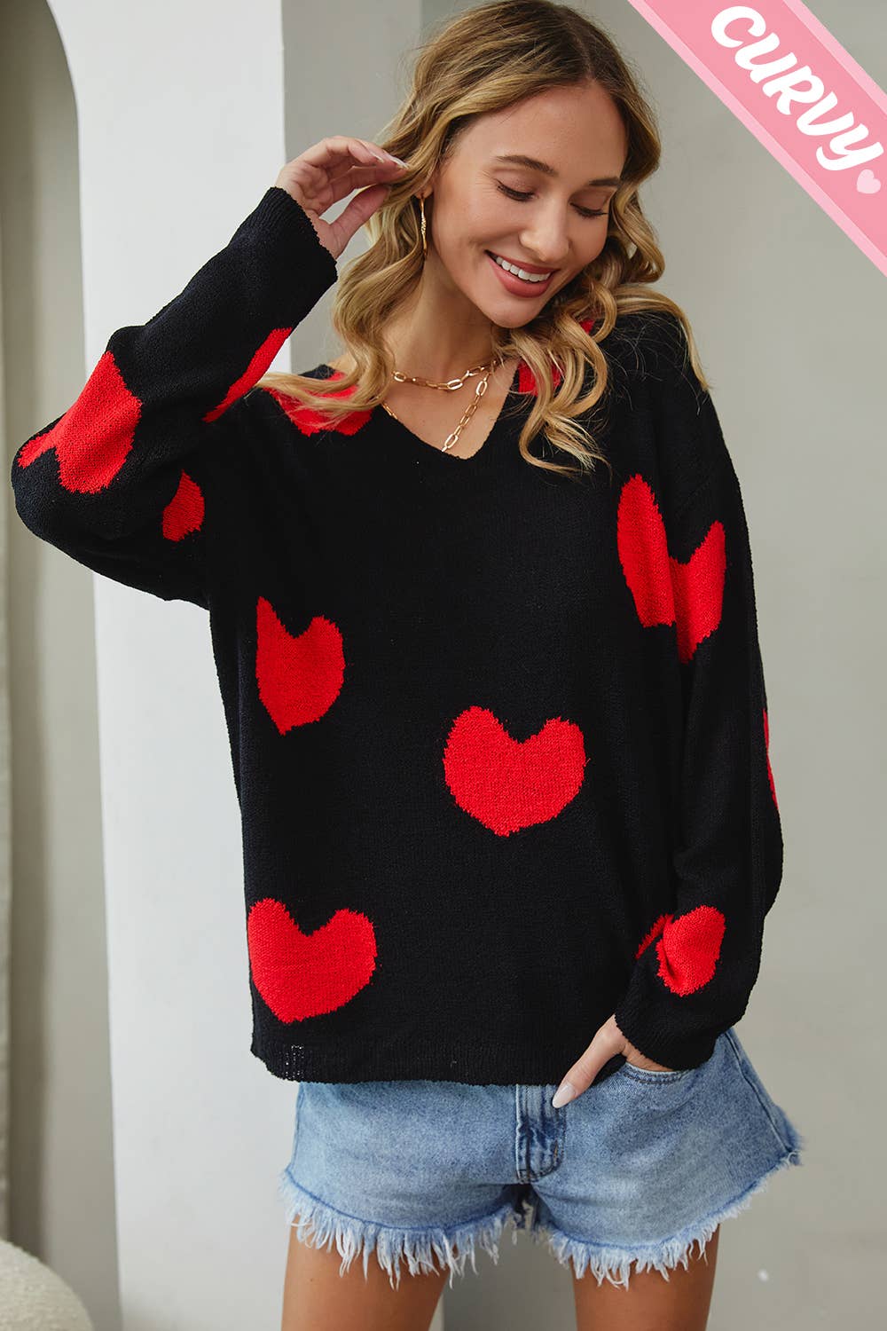 Sweet Lovely by Jen – Engroshandel Pullover - Dame – SW220PL MULTI HJERTE SWEATER PLUS STØRRELSE8