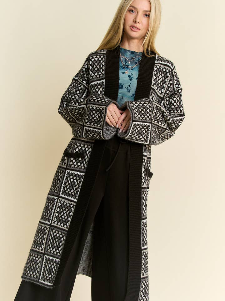 Davi & Dani - Wholesale Cardigan - Women's - GRANNY SQUARE INSPIRED OPEN DUSTER KNIT CARDIGAN