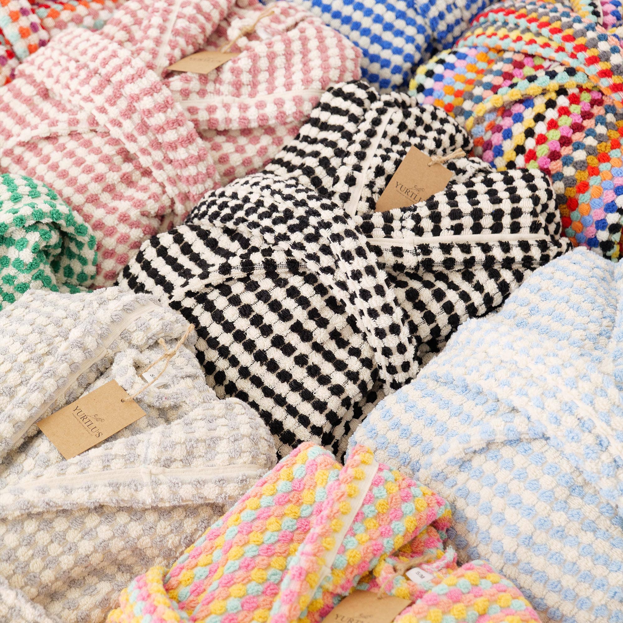 YURTLUS - Venta al por mayor Bata - Unisex - Bata de burbujas tejida a mano, albornoz con pompones en telar manual 100% algodón 67