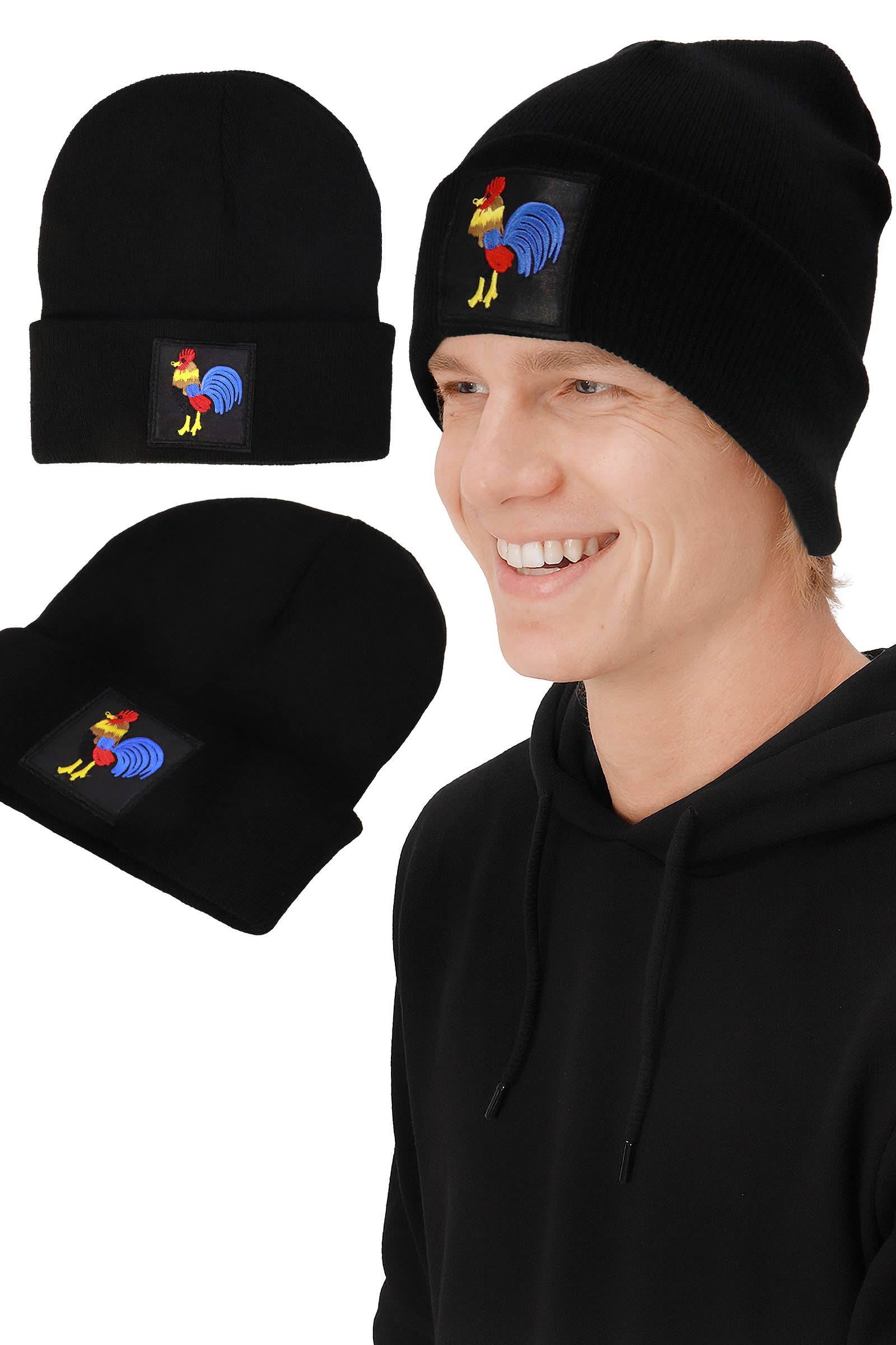 Rooster Classic Black Acrylic Cuffed Beanie for wholesale on Faire