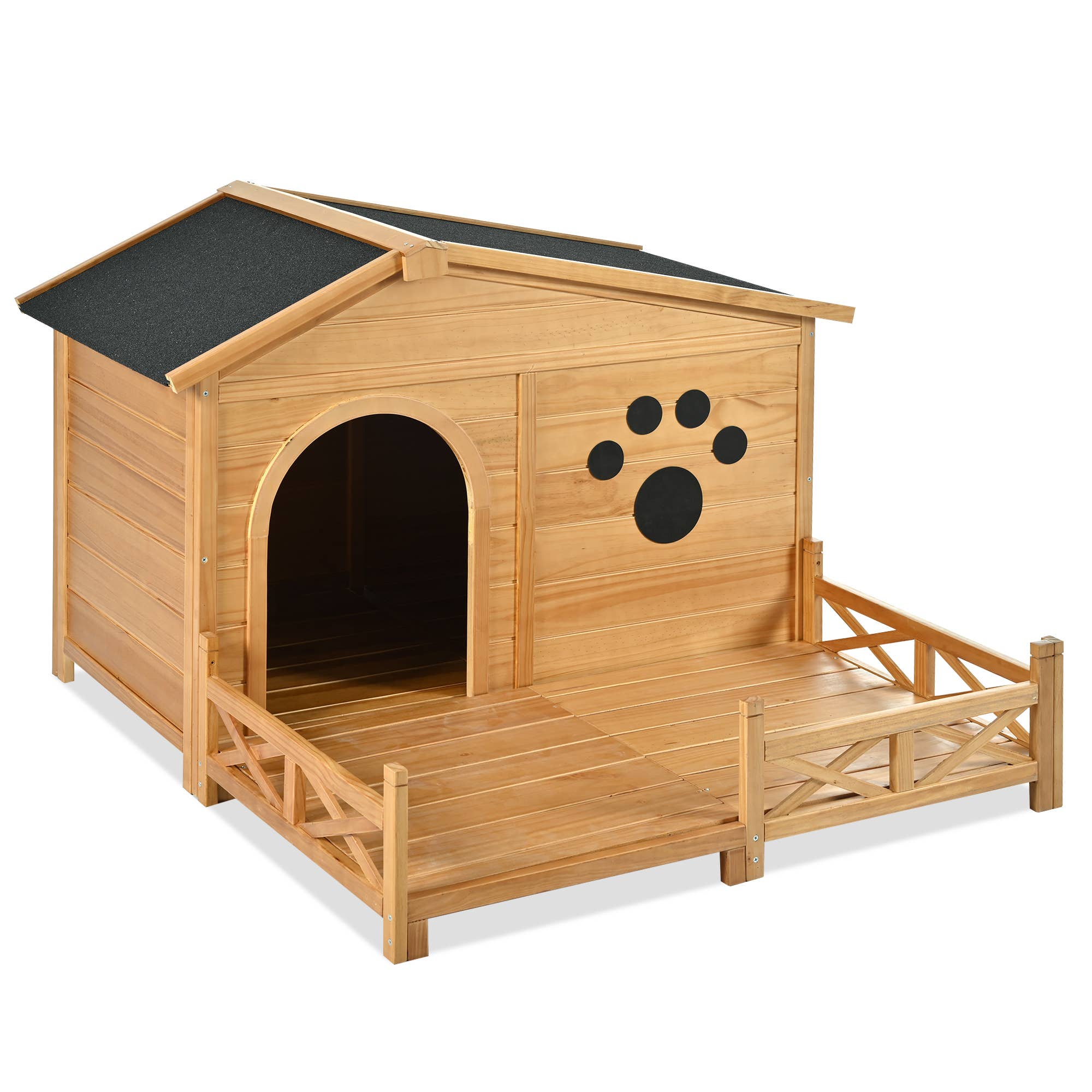 Natural Wooden Dog House with Porch, Water-Resistant Roof & Fencing for wholesale on Faire10