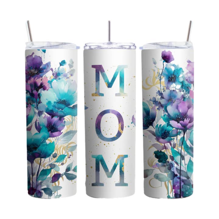 Copo Mom Floral 20oz, Caneca de viagem isolada em aço inoxidável com aquarela azul e roxa, presente elegante de dia das mães por atacado de Inspire Me Positive