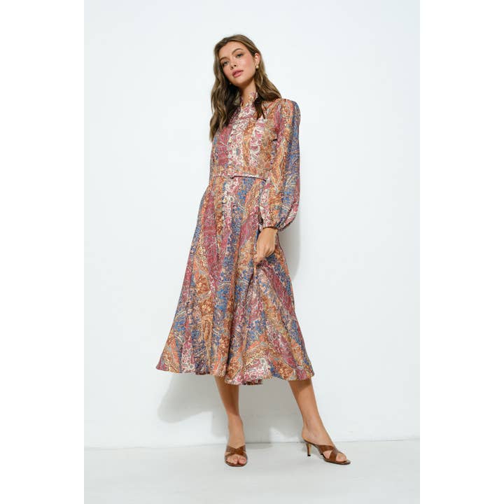 BROWN MULTI Long Sleeves Paisley Print Belted-Waist Midi Dress for wholesale on Faire