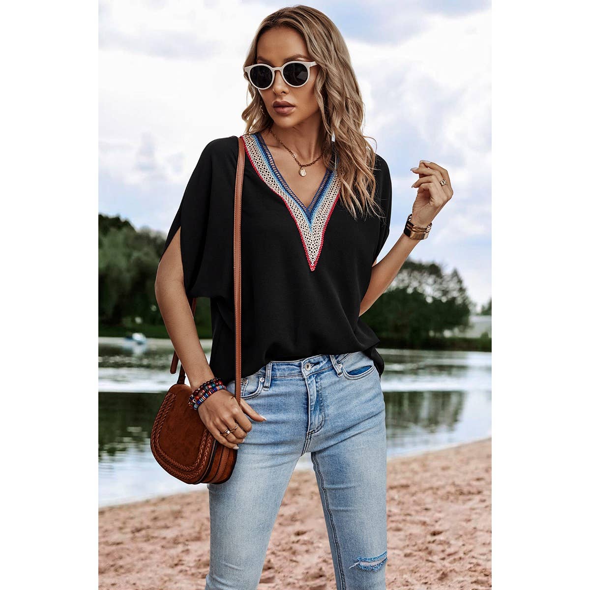 BLACK V Neck Short Dolman Sleeves Boho Loose Top for wholesale on Faire1