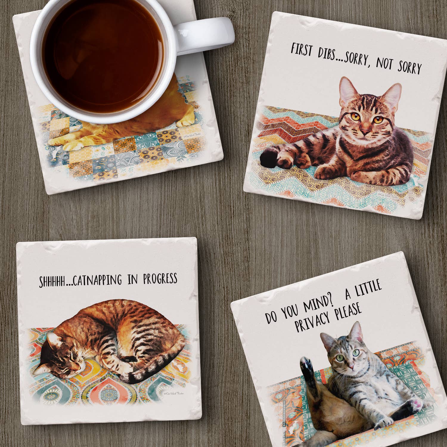 CounterArt/Highland Home/Thirstystone - Wholesale Coasters - Cat Nappy Assorted Image Tumbled Tile Coaster 4 Pack3