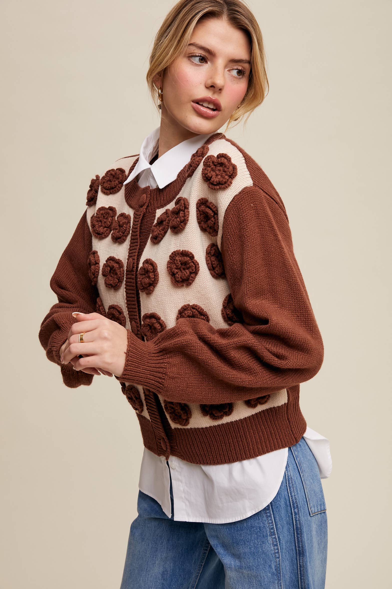 Listicle - Wholesale Cardigan - Women's - Handmade Rose Applique Knit Cardigan13