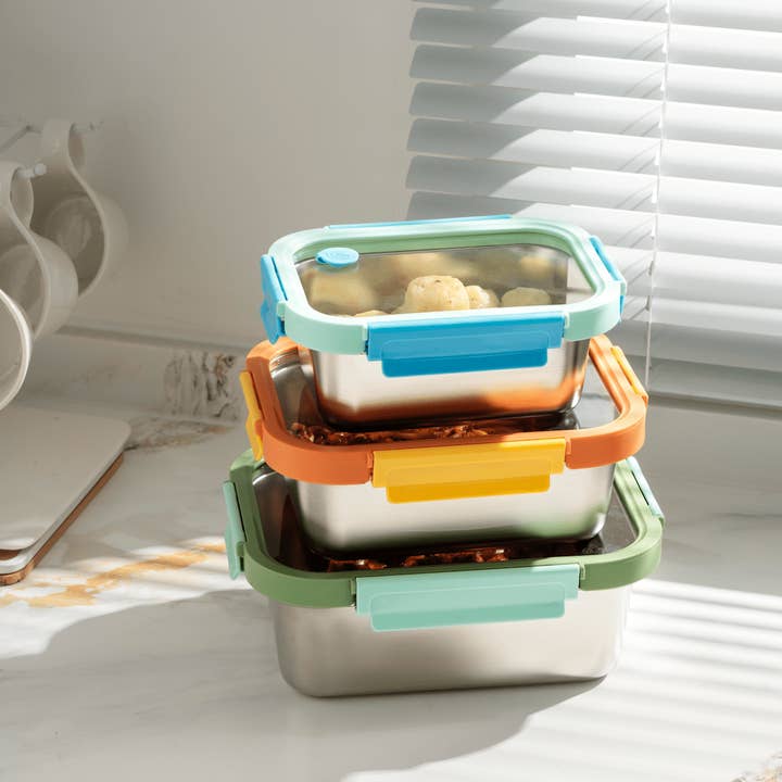 Genicook Product LLC - Wholesale Food Storage Container - Genicook Mix & Match Stainless Steel Microwave Safe Container Set with Glass Lids