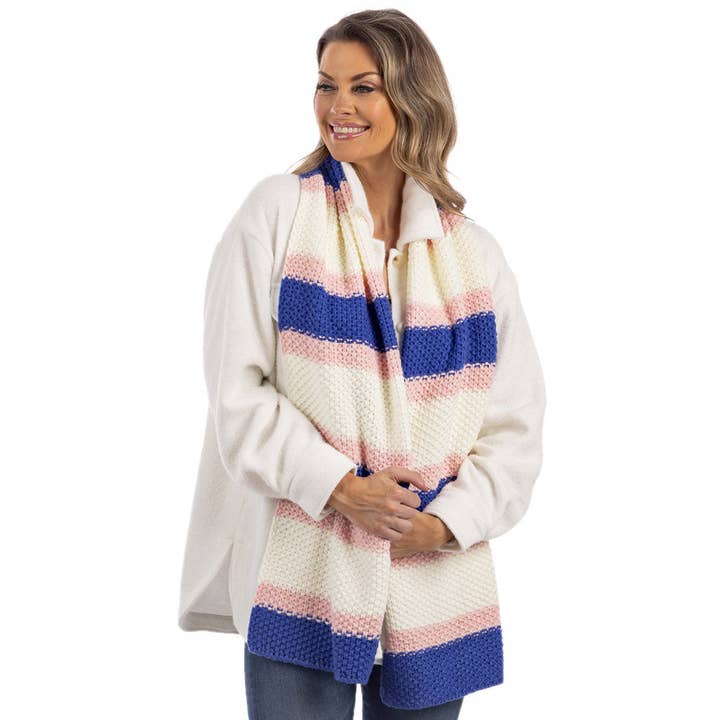 Pink/Blue/Cream Stripes Crochet Scarf for wholesale on Faire