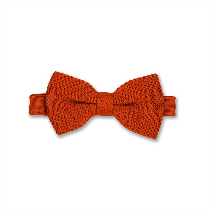 Dark burnt orange knitted bow tie and pocket square set for wholesale on Faire10
