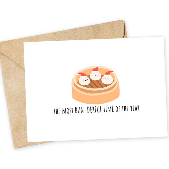 Carte de Noël drôle - Carte de vacances avec jeu de mots sur le dim sum pour la vente par Chewy Lemon Studio