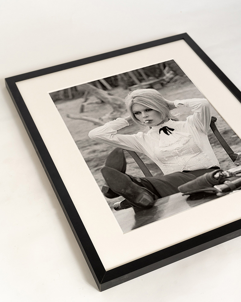 Black Brigitte Bardot on Set. Wall art print with frame. for wholesale on Faire10