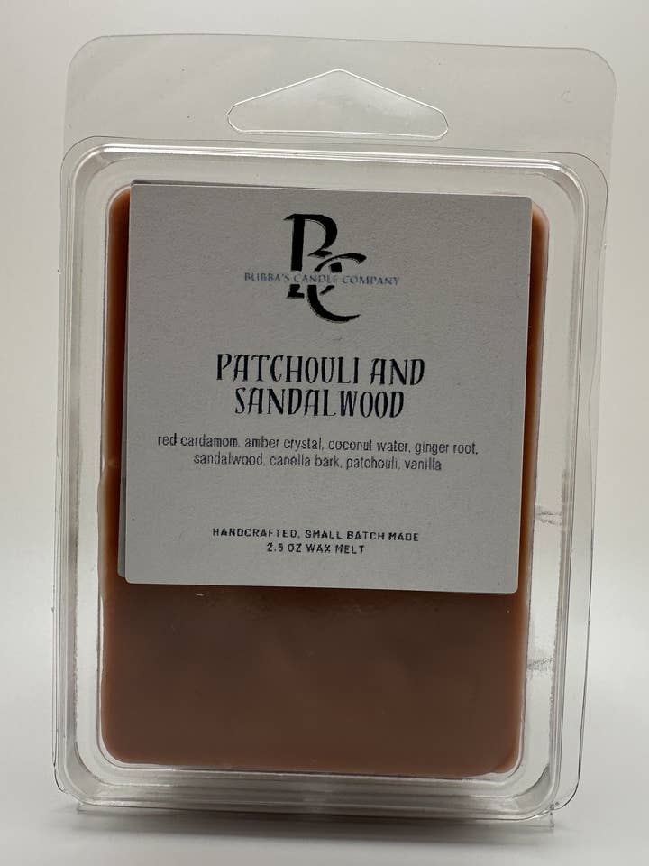 Patchouli and Sandalwood 2.5oz Handcrafted Wax melt for wholesale by Bubba's Candle Company
