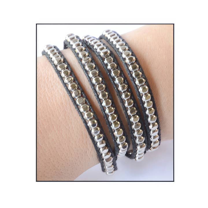 Silver Colored Beaded Wrap Bracelet On Black Cord for wholesale by Gypsy Rose