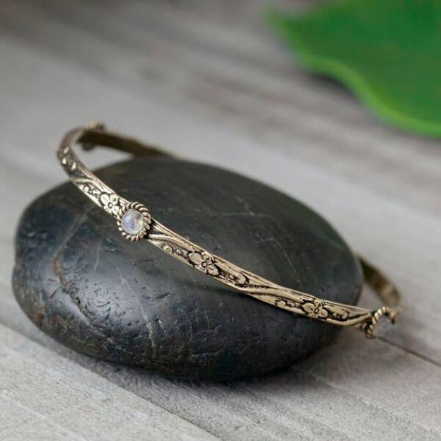 Baizaar - Wholesale Cuff Bracelet - Decorated Brass Bangle Featuring Four Stones