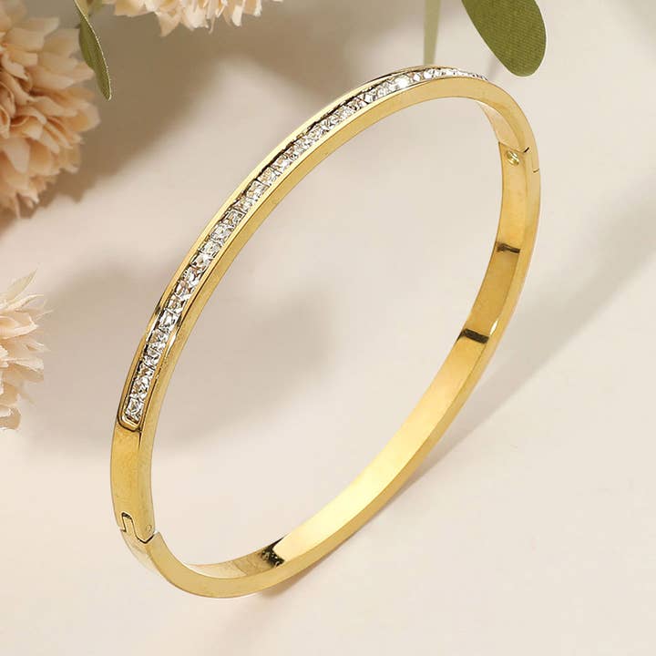 SECRET BOX_Stainless Steel Single Row Rhinestone Paved Hinged Bangle Bracelet for wholesale by Sensibling Corp.