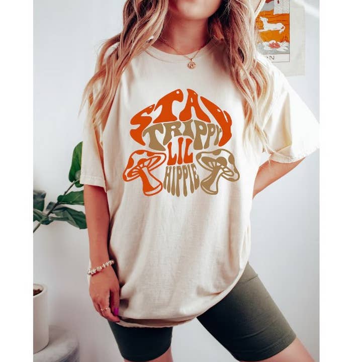 Stay Trippy Lil Hippie Vintage T-Shirt, Groovy Mushroom Shir for wholesale by OneStopSapphireShop