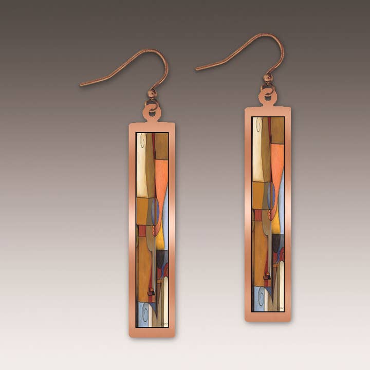 Guitar Fine Art Copper Showcase Rectangle Earrings for wholesale by Illustrated Light & DC Designs