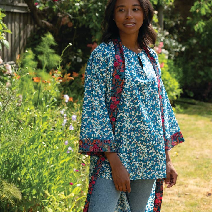 Long Kimono Robe Teal Mitsi - Made with Liberty Fabric for wholesale by Lime Tree Design