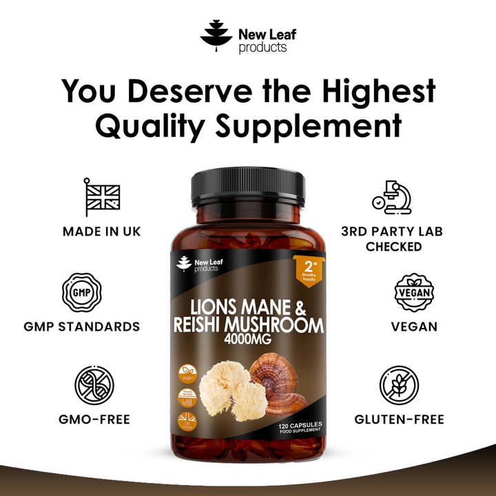 New Leaf products Ltd – wholesale Oral supplement/vitamin – Lions Mane & Reishi Mushroom Capsules 4000mg Vegan 120 fill3