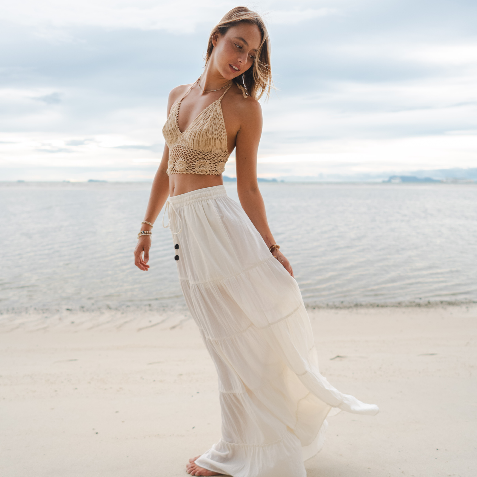 Lotus and Luna - Wholesale Skirt - Women's - Cream Shipwrecked Maxi Skirt with Bead7