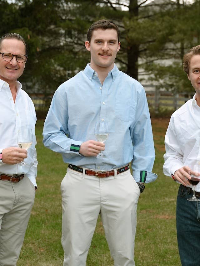 Ben Oxford Cloth Shirt - Blue w Navy & Green Stripe Ribbon for wholesale by Pearly Vine