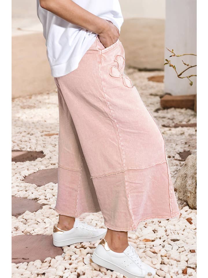 Pink LDC Floral Patch Mineral Washed Terry Knit Cropped Pants for wholesale on Faire