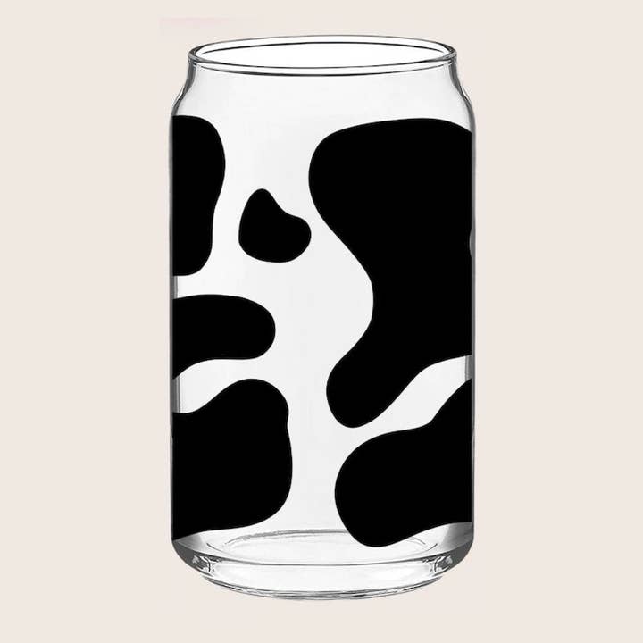 Cow Print Coffee Glass Cup, Can Glass, Iced Coffee for wholesale by Instrive Design