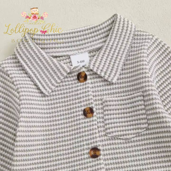 Lollipop Chic Bowtique LLC - Wholesale Jumpsuit - Baby - Baby Boy Striped Jumpsuit Collared Long Sleeve Romper1