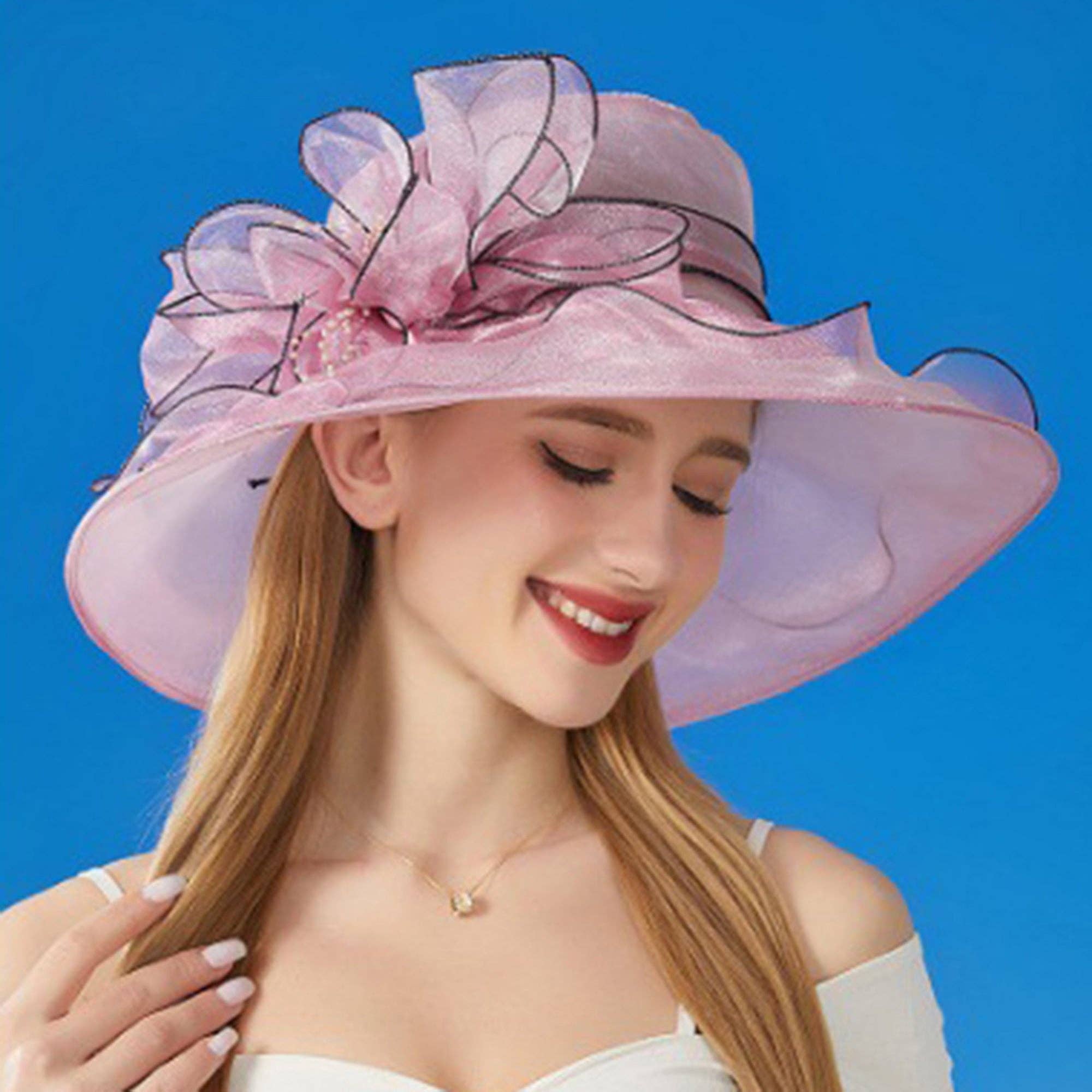 AK Brand - Wholesale Fascinator Hat - Women's - Wide Brim Organza Dress Hat with Sheer Ribbon Floral Design2