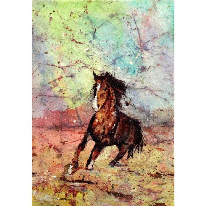 Horse running across tundra- painting horse, horse art. Horse painting watercolor batik landscape painting wall art home decor horse (print) for wholesale by Ryan Fox Fine Art