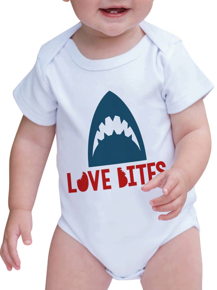 7 ate 9 Apparel Kid's Love Bites Shark Valentine's Day Onepiece for wholesale by 7 ate 9 Apparel