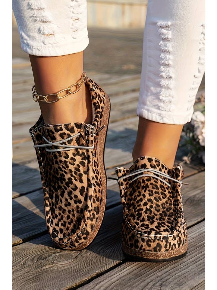 Little Daisy Closet - Wholesale Slip On Sneakers - Women's - LDC Western Leopard Faux Suede Lace-up Decor Slip On Shoes