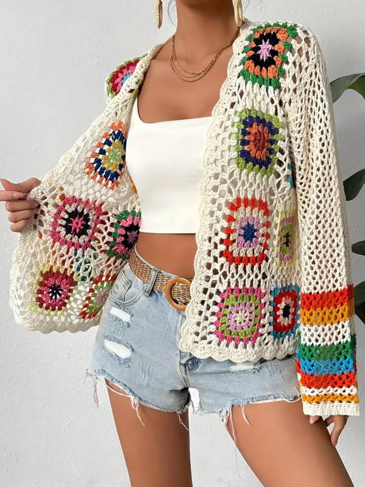 Rosa Clothing - Wholesale Cardigan - Women's - Ethnic Retro Crochet Rainbow Cardigan5