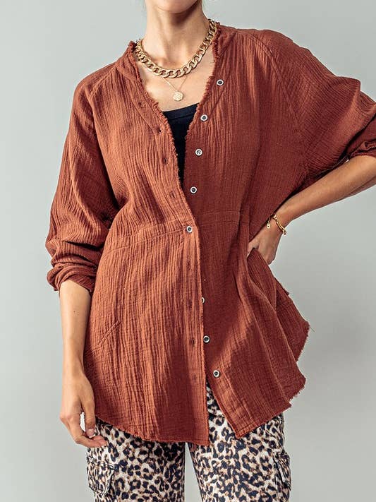 Urban Daizy - Wholesale Button Down Shirt - Women's - PREMIUM SOFT FRAYED HEM GAUZE VINTAGE WASHED SHIRT