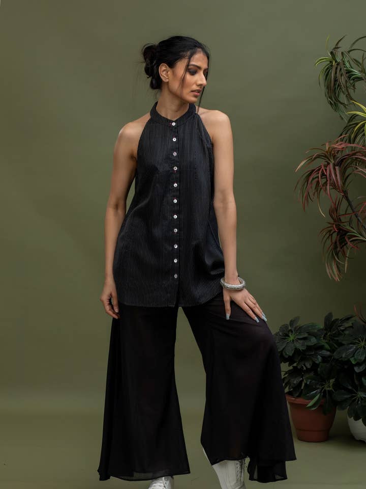 Handwoven Black Stripe Chanderi Cotton Halter Neck Top for wholesale by House of Amaya